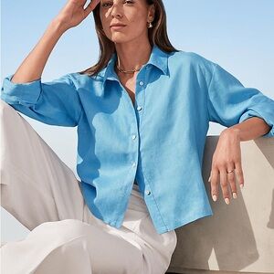 Ann Taylor Women’s XL Blue Cropped 100% Linen Button‑Down Shirt
